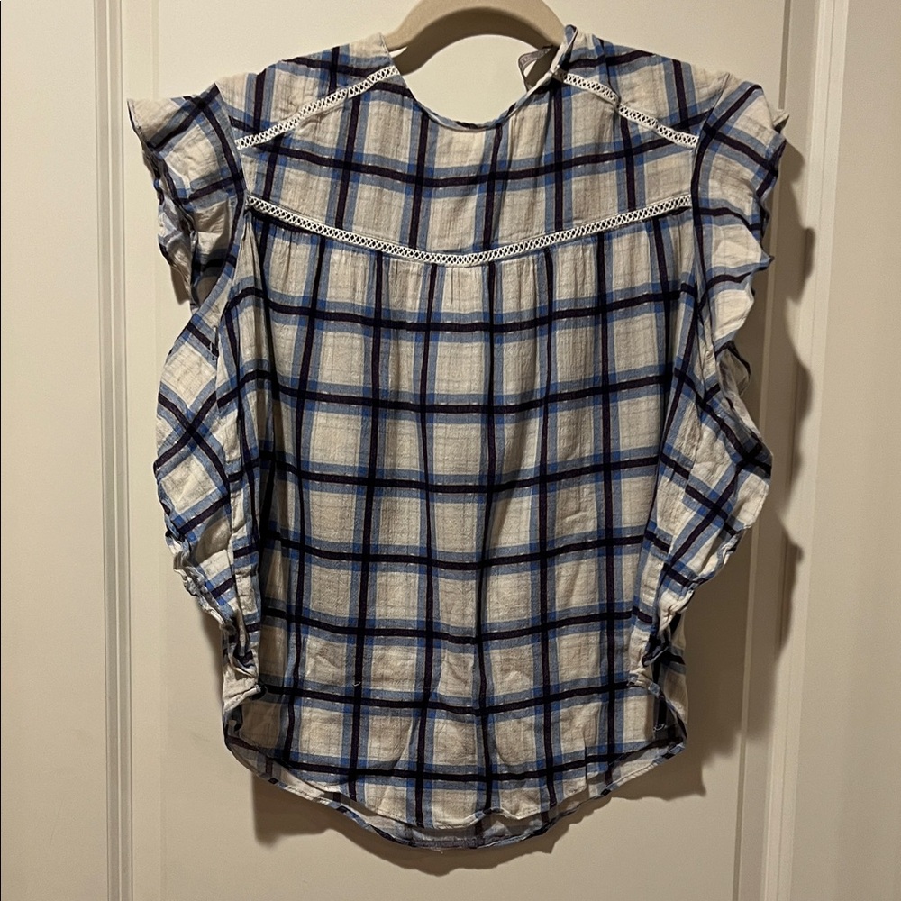 Zara Blue and White Plaid Ruffle Blouse